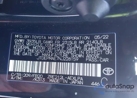 2022 Toyota Corolla Le z USA, uszkodzony, nr VIN JTDEPMAE7NJ228159